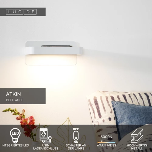 Lucide ATKIN - Bettlampe / Wandleuchte - LED - 1x6W 3000K - Mit USB-Ladepunkt - Weiß - USP